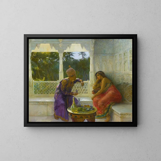 Figuren in einem Interieur mit Palmen-Garten im Hintergrund - Edwin Lord Weeks — gerahmtes Bild an der Wand