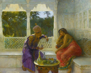 Figuren in einem Interieur mit einem Palmen-Garten im Hintergrund (Konflikt des Falls) - Edwin Lord Weeks — Ansicht des Kunstwerks