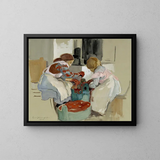 Zwei Mädchen beim Färben von Stoff - Eero Järnefelt — gerahmtes Bild an der Wand