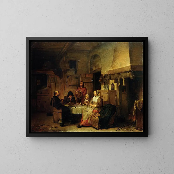 Eine Familie beim Mittagessen betend - Egbert van Heemskerck — gerahmtes Bild an der Wand