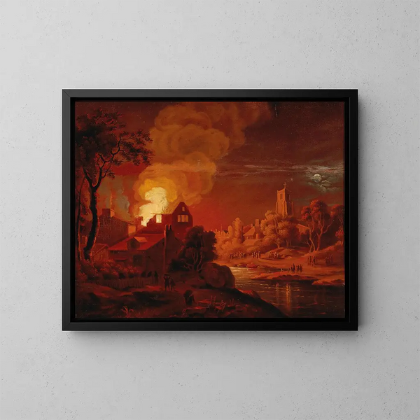 Ein nächtliches Feuer - Egbert van der Poel — gerahmtes Bild an der Wand