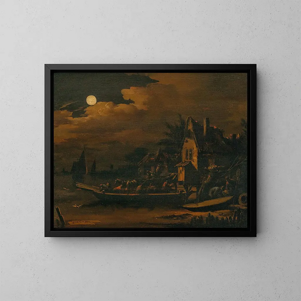 Ein nächtliches Flusslandschaft mit Fährboot - Egbert van der Poel — gerahmtes Bild an der Wand