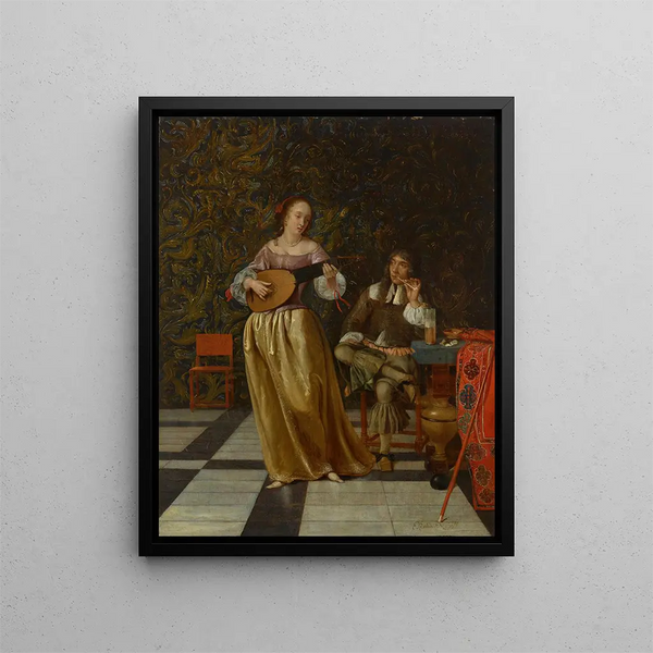 Eine Frau, die Laute spielt, und ein Mann, der zuhört - Eglon van der Neer — gerahmtes Bild an der Wand