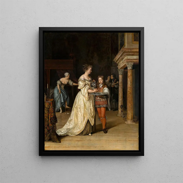 Innenaufnahme mit einer Frau, die sich die Hände wäscht - Eglon van der Neer — gerahmtes Bild an der Wand
