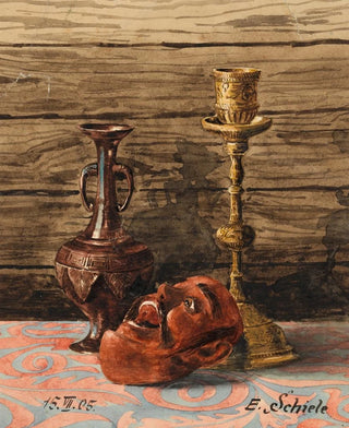 Egon Schiele - Stillleben mit Kerzenleuchter Vase und Maske.webp