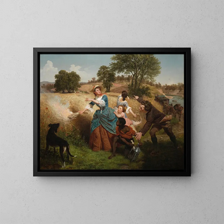 Madame Schuyler brennend ihre Weizenfelder bei Annäherung der Briten - Emanuel Gottlieb Leutze — gerahmtes Bild an der Wand