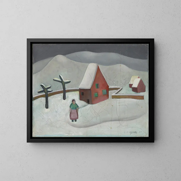 Winterlandschaft mit rotem Haus - Emanuel Schättli — gerahmtes Bild an der Wand