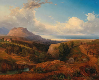 Ansicht einer orientalischen Festung mit einer Hafenstadt im Hintergrund - Emanuel Stöckler — Ansicht des Kunstwerks