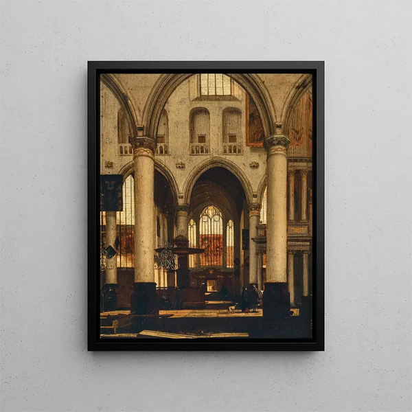 L'intérieur d'une église gothique protestante - Emanuel de Witte — gerahmtes Bild an der Wand