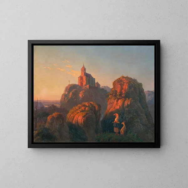 Landschaft mit Kirche bei Dämmerung - Emil Ludwig Lühr — gerahmtes Bild an der Wand