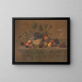 Naturstillleben mit Früchten, einem Glaskelch, Nüssen und Insekten - Emil Weichert — gerahmtes Bild an der Wand