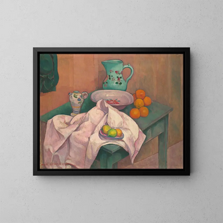 Stillleben mit Krug, Teller und Früchten auf ausgelegter Serviette - Émile Bernard — gerahmtes Bild an der Wand