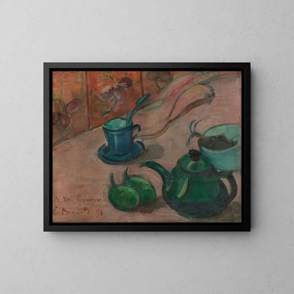 Stillleben mit Teekanne, Tasse und Früchten - Émile Bernard — gerahmtes Bild an der Wand