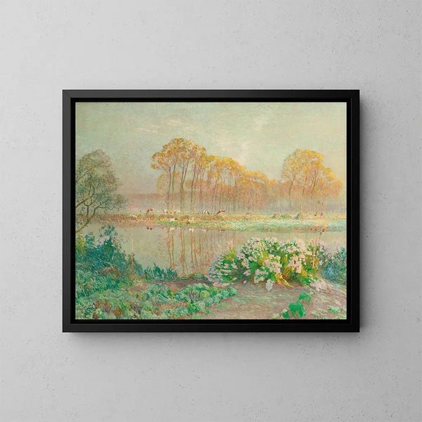 Landschaft mit Teich und Blumen - Émile Claus — gerahmtes Bild an der Wand