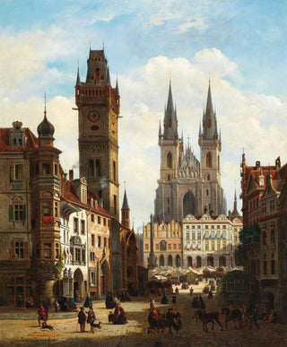 Emile Pierre Joseph de Cauwer - A View of the Old Town of Prague with the Church of Our Lady before Tn and the Astronomical Clock.webp