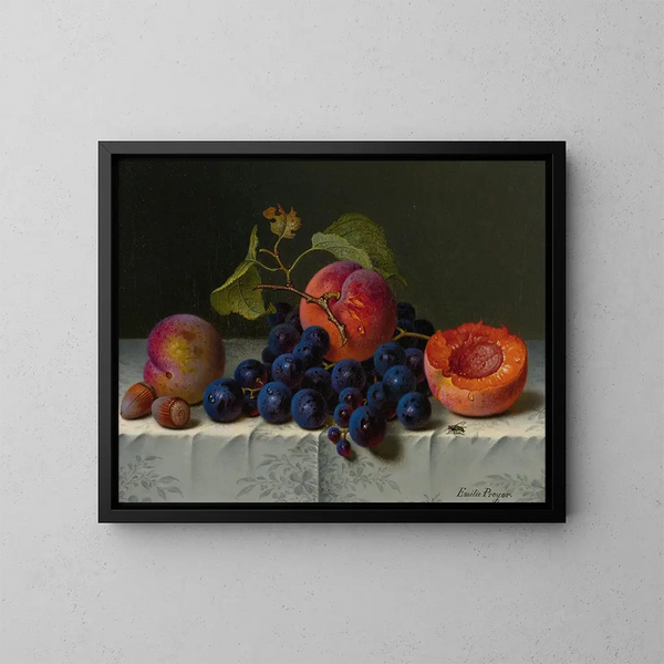 Natur stillleben mit Pfirsichen, Trauben und Nüssen auf einem Tisch - Emilie Preyer — gerahmtes Bild an der Wand