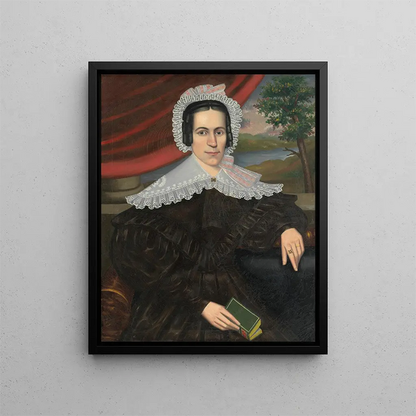 Frau mit grünem Buch Louisa Gallond Cook - Erastus Salisbury Field — gerahmtes Bild an der Wand