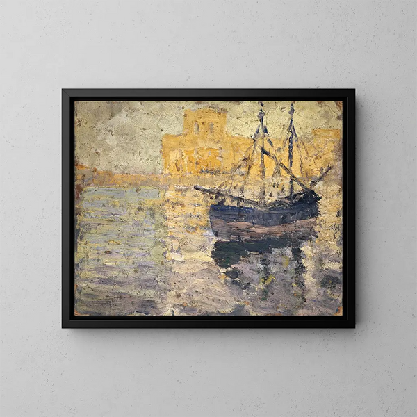 Hafen mit Segelboot - Ernst Schiess — gerahmtes Bild an der Wand