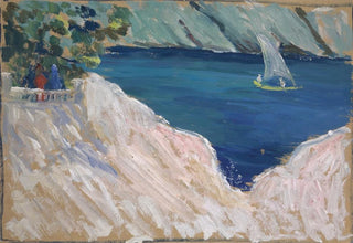 Ernst Schiess - Meeresbucht mit Segelboot.webp