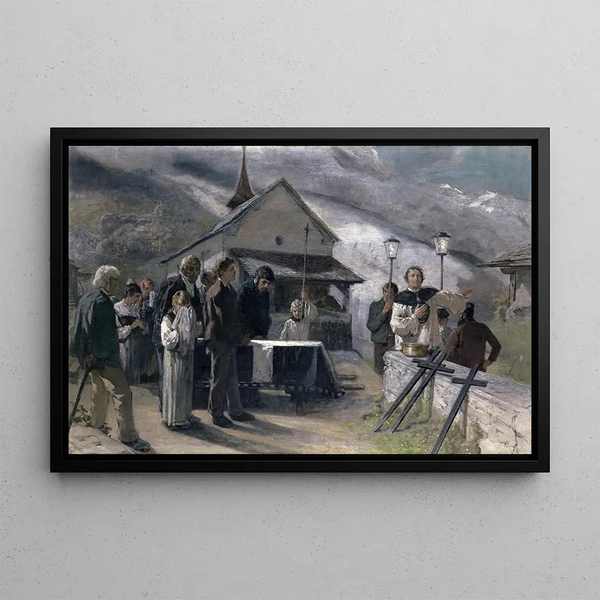 Die Beerdigung nach dem Erdrutsch von Spiringen Uri 1887 - Ernst Stückelberg — gerahmtes Bild an der Wand
