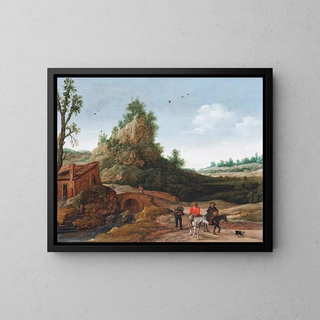 eines Landschaftsgemäldes mit Reisenden, die eine Brücke überqueren, vor einem kleinen Haus, mit Reitern im Vordergrund - Esaias van de Velde — gerahmtes Bild an der Wand