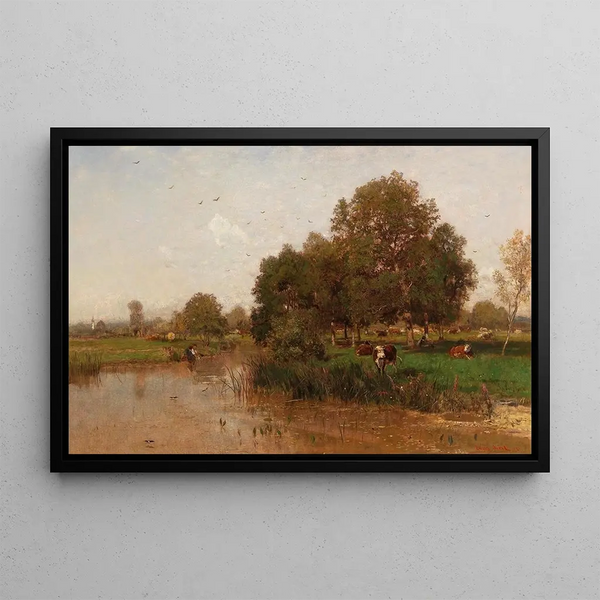 Flusslandschaft mit ruhenden Kühen - Eugen Jettel — gerahmtes Bild an der Wand