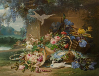 Eugne Bidau - Floral still life with doves and wisteria in the gardens of a country estate.webp