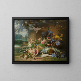 Eugne Bidau - Floral still life with doves and wisteria in the gardens of a country estate.webp