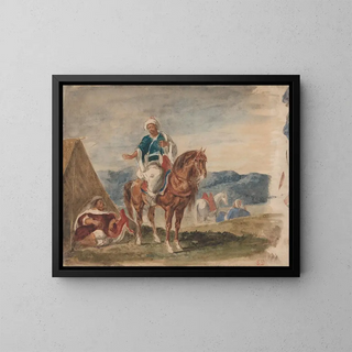 Drei arabische Reiter in einem Lager - Eugène Delacroix — gerahmtes Bild an der Wand