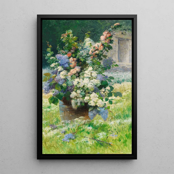 Eugne Henri Cauchois - Lilac branches and hollyhocks.webp