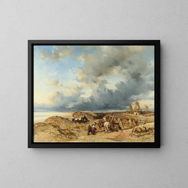 Attelage de chevaux sur la plage en Hollande - Eugène Isabey — gerahmtes Bild an der Wand