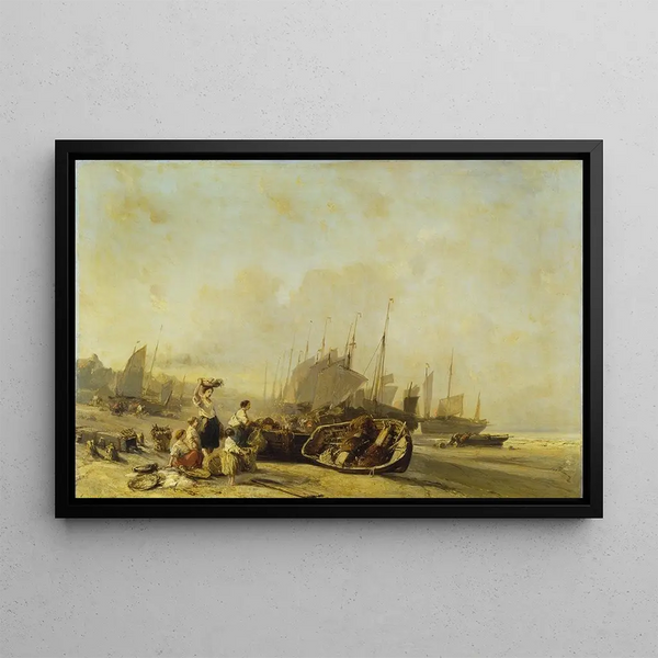 Bateaux sur le rivage à Calais - Eugène Isabey — gerahmtes Bild an der Wand