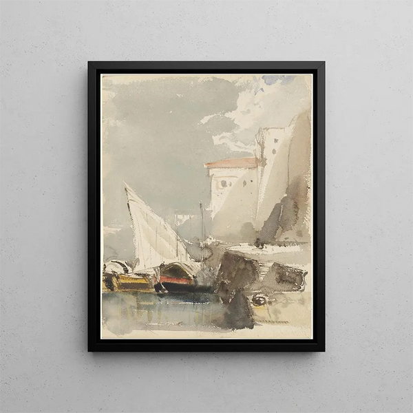 Segelboote in einem sonnigen Hafen Vorderseite - Eugène Isabey — gerahmtes Bild an der Wand