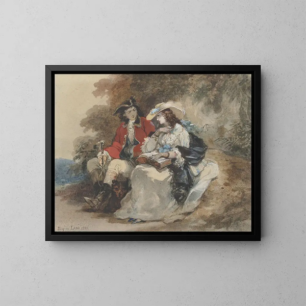 Ein elegantes Paar, das sich in einer bewaldeten Landschaft ausruht - Eugène Lami — gerahmtes Bild an der Wand
