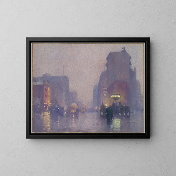 Broadway-Gemälde bei einem regnerischen Abend - Everett L. Warner — gerahmtes Bild an der Wand