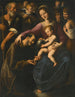 Die Heilige Familie mit Heiligen Franz von Assisi, der das Jesuskind anbetet, mit zwei jungen Menschen und Engeln darüber - Fabrizio Santafede — Ansicht des Kunstwerks