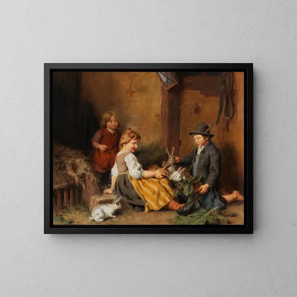 Kinder mit Kaninchen im Stall - Felix Schlesinger — gerahmtes Bild an der Wand