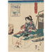 Reproduktion des Gemäldes Frau am Tisch, springende weiße Katze auf einem Schmetterling - Utagawa Kuniyoshi