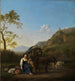 Italienisches Berglandschafts-Gemälde einer Frau beim Spinnen - Karel Dujardin — Ansicht des Kunstwerks