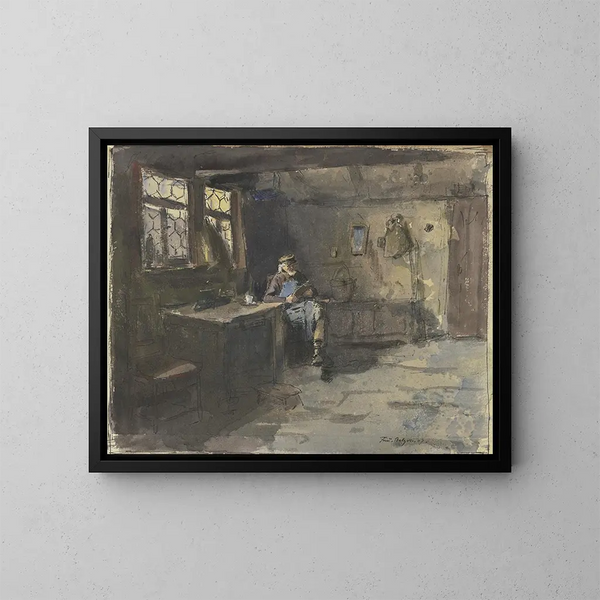 Mann sitzend in einem einfachen Interieur beim Lesen - Ferdinand Balzer — gerahmtes Bild an der Wand
