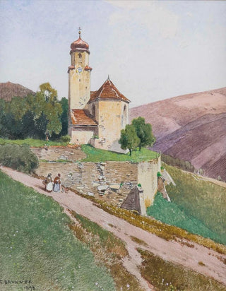 Ferdinand Brunner - Hgelige Sommerlandschaft mit Kapelle und Personenstaffage.webp