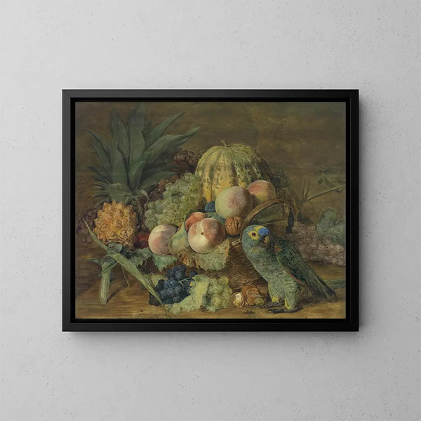 Naturmorte mit Papagei - Ferdinand Georg Waldmüller — gerahmtes Bild an der Wand