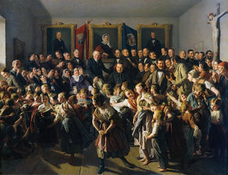 Das Kinder von armen Familien werden von der Gemeinde Spittelberg anlässlich des St. Michael mit Winterkleidung unterstützt. - Ferdinand Georg Waldmüller — Ansicht des Kunstwerks