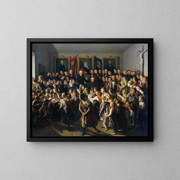 Das Kinder von armen Familien werden von der Gemeinde Spittelberg anlässlich des St. Michael mit Winterkleidung unterstützt. - Ferdinand Georg Waldmüller — gerahmtes Bild an der Wand