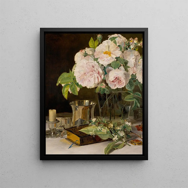 Ferdinand Georg Waldmller - Rosen im Glas Stilleben mit Rosen Leuchter und silbernem Becher.webp
