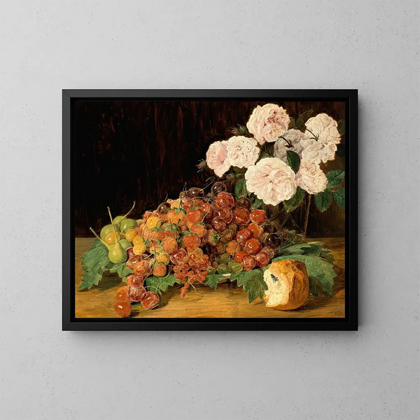 Naturstillleben mit Rosen, Erdbeeren und Brot - Ferdinand Georg Waldmüller — gerahmtes Bild an der Wand