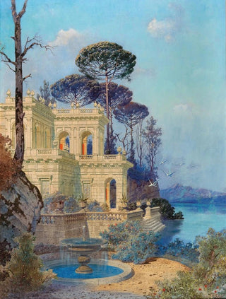 Ferdinand Knab - Villa a Fountain by the Lake in the foreground.webp