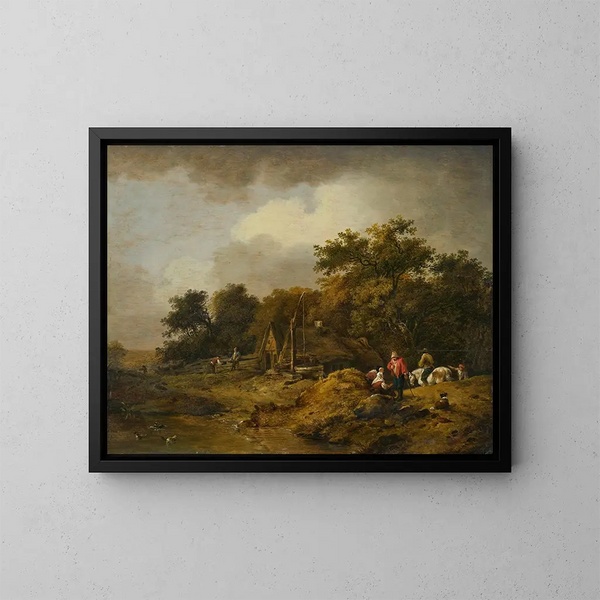 Landschaft mit einer Hütte und einem Brunnen - Ferdinand Kobell — gerahmtes Bild an der Wand