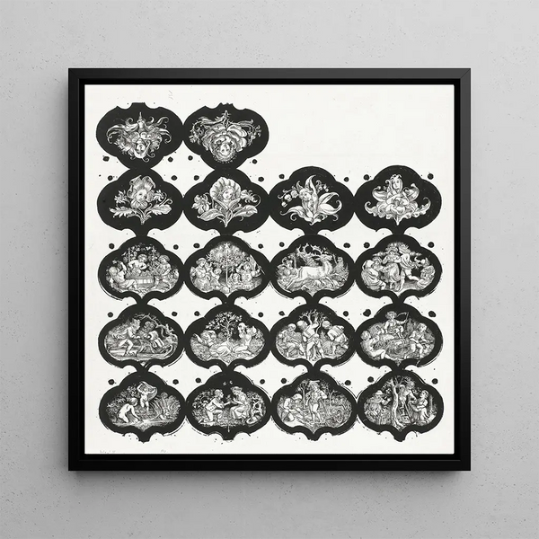 Feuille avec dix-sept vignettes représentant les douze mois et des fleurs avec des visages de filles - Eugen Napoleon Neureuther