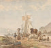 Figuren mit Vieh am Flussufer mit einem Becken - Julius Jacobus van de Sande Bakhuyzen — Ansicht des Kunstwerks